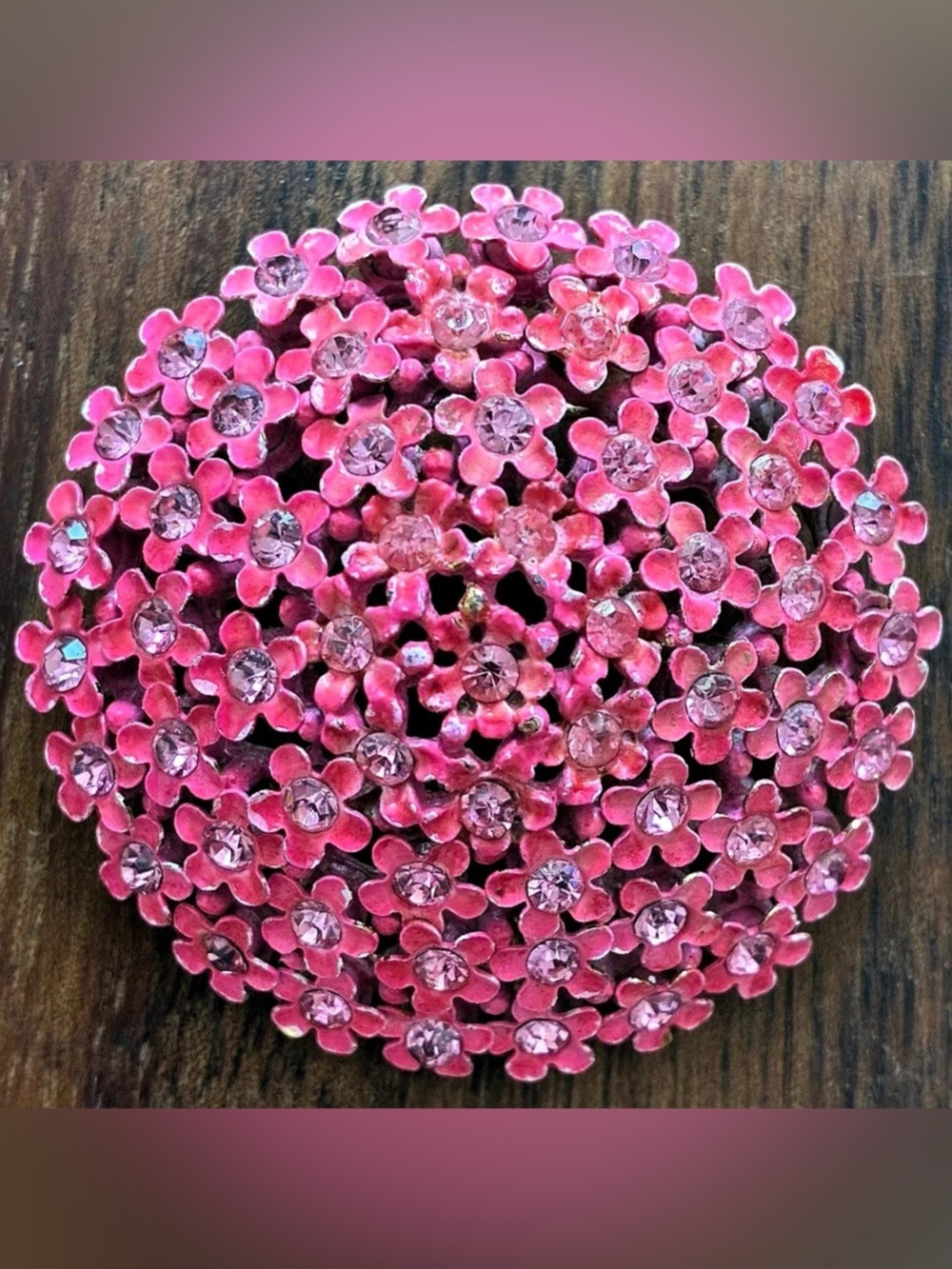 Vintage Pink Floral Rhinestone Brooch Painted Metal Enamel Gold Tone Pin